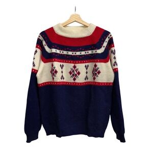 True Vintage MG Nordic Fair Isle Sweater Mens Large Red White Blue Acrylic Knit‎
